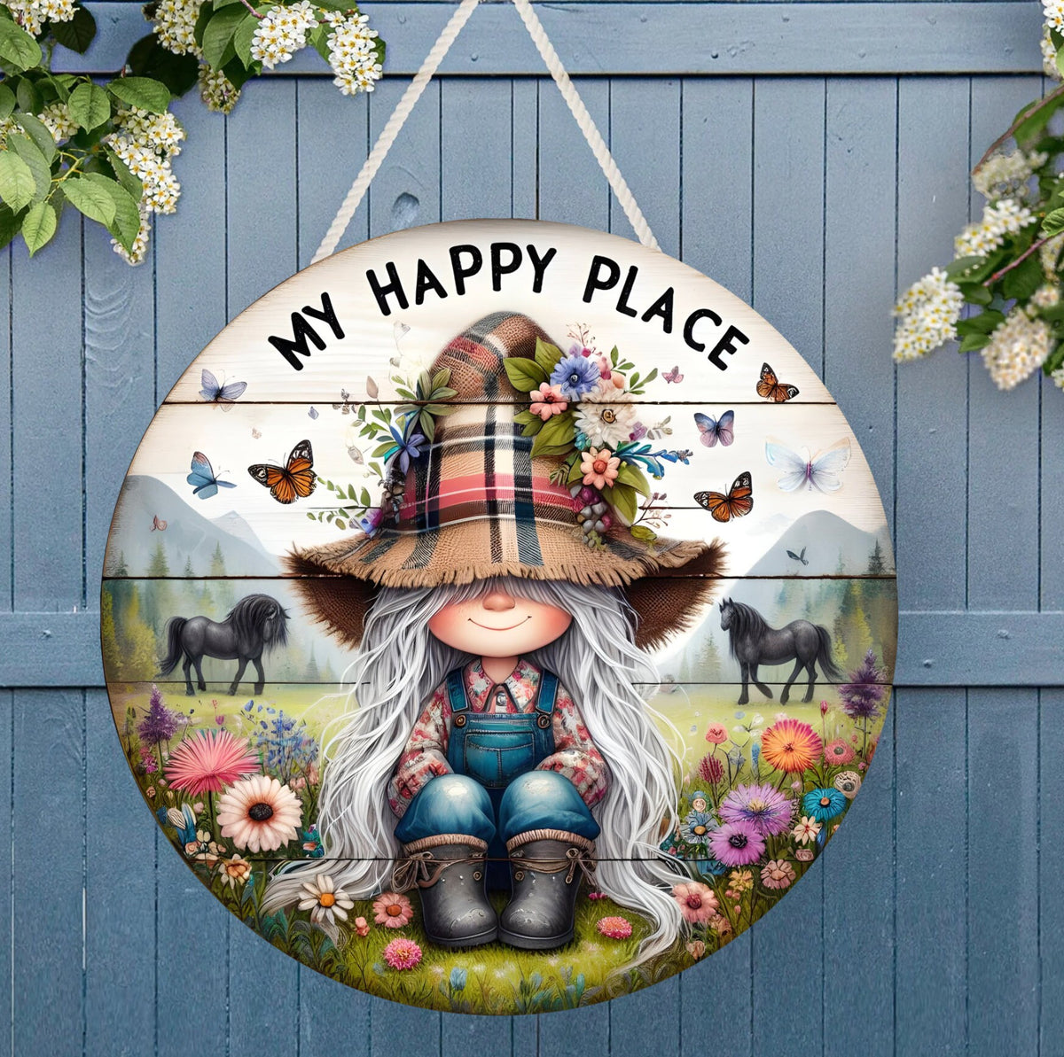 HAPPY PLACE GIRL gnome door hanger, wreath sign png, for sublimation high resolution