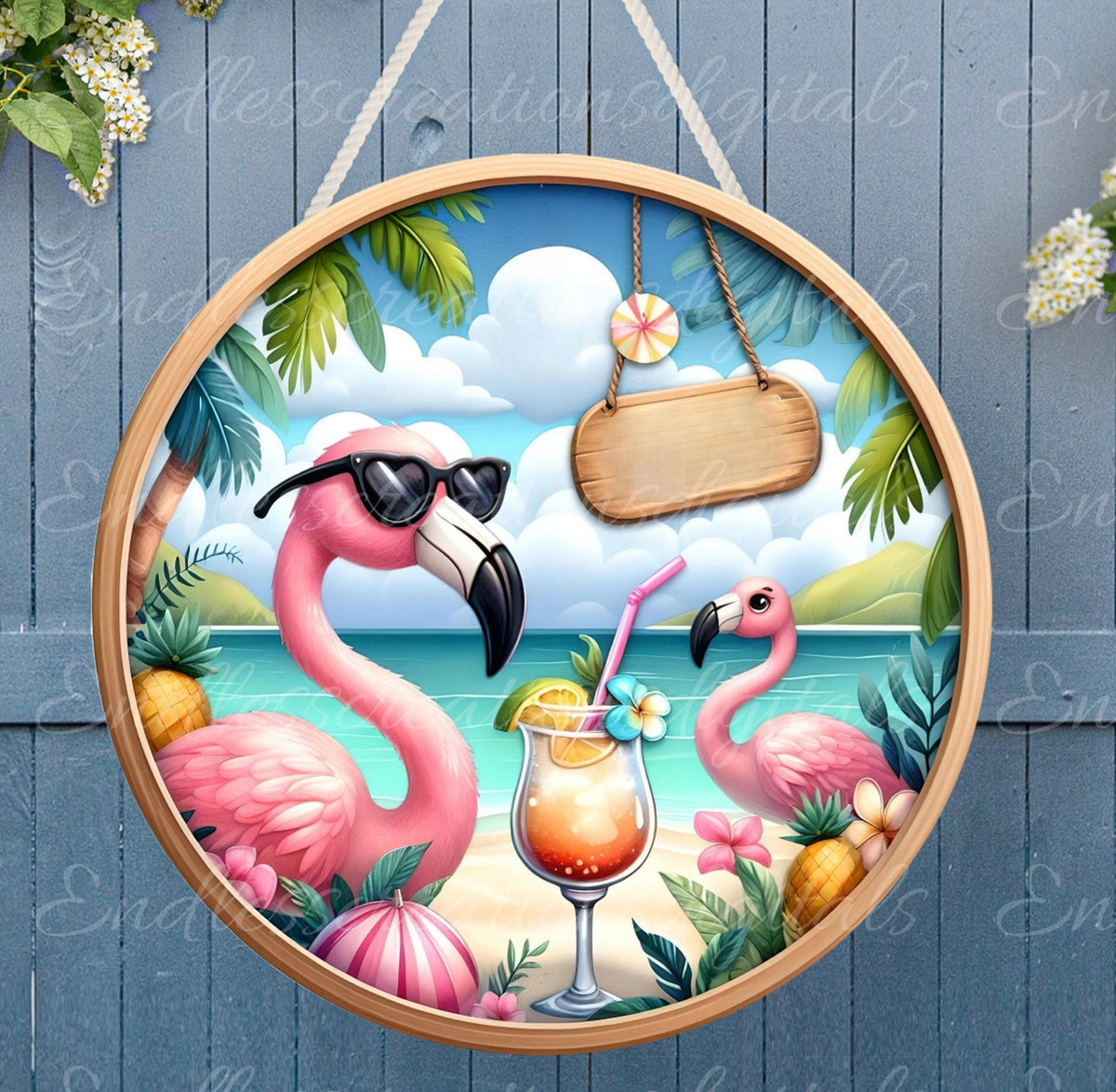 TROPICAL FLAMINGOS SUBLIMATION door hanger, wreath sign png, for sublimation high resolution 2 files, 1 add your own text