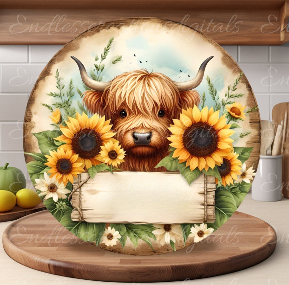 HIGHLAND COW DOOR hanger, wreath sign, round cutting board png, for sublimation high resolution,2 files for download, 1 add your own text