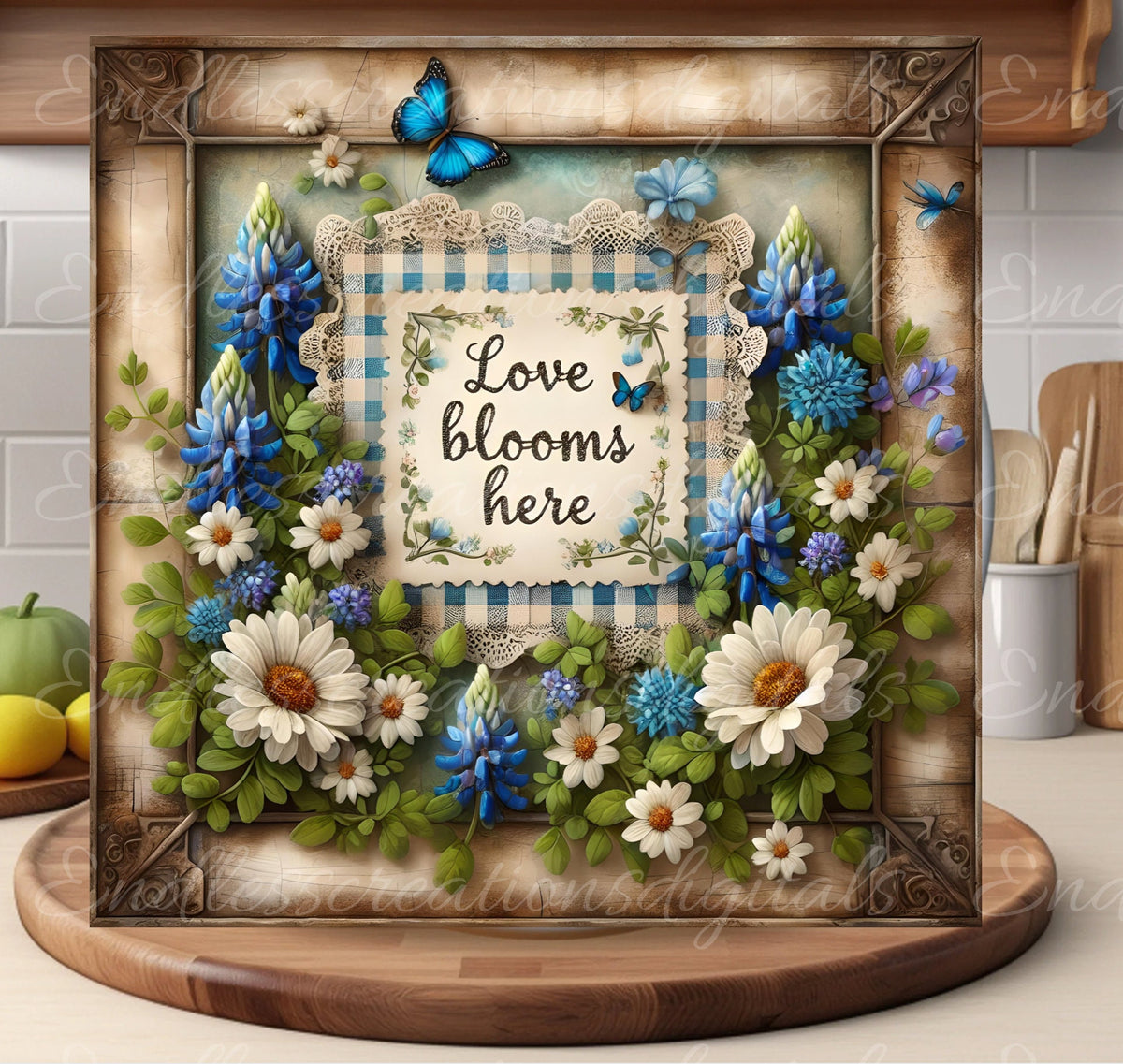 LOVE BLOOMS SQUARE door hanger, wreath sign png, square cutting board for sublimation high resolution, 2 files for download 1 add your text