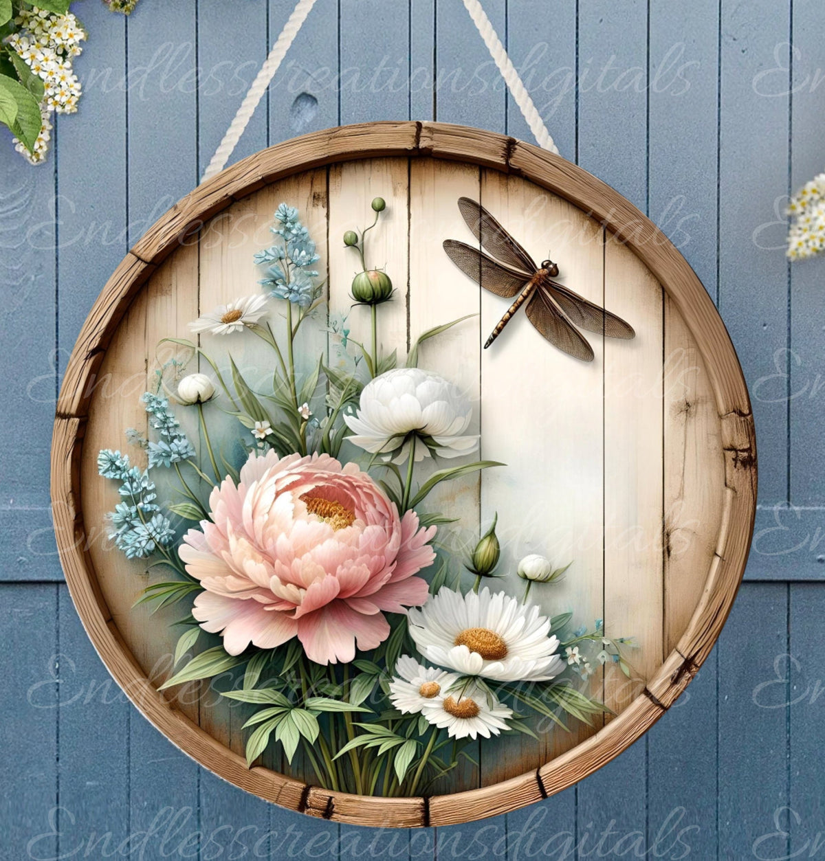 DRAGONFLY FLORAL add your own text, DOOR hanger, wreath sign png, square cutting board for sublimation high resolution