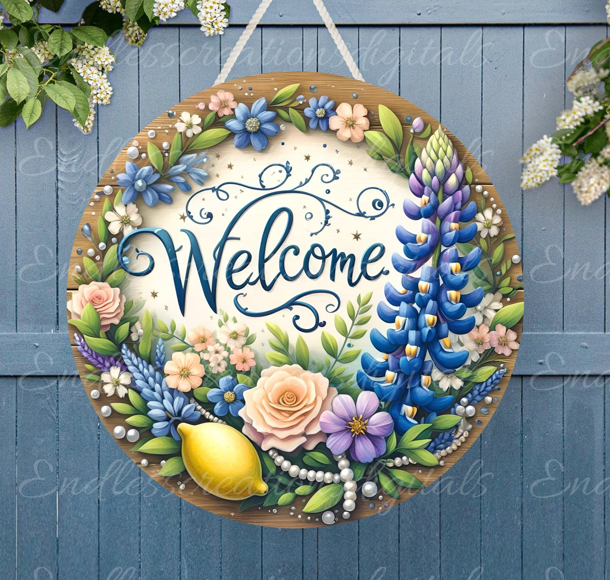 WELCOME DOOR HANGER BLUE BONNET LEMON wreath sign png, for sublimation high resolution DIGITAL DOWNLOAD ONLY