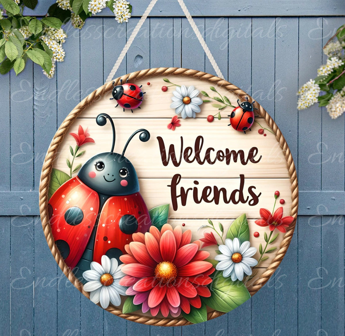 WELCOME LADYBUG DOOR hanger, wreath sign png, for sublimation high resolution