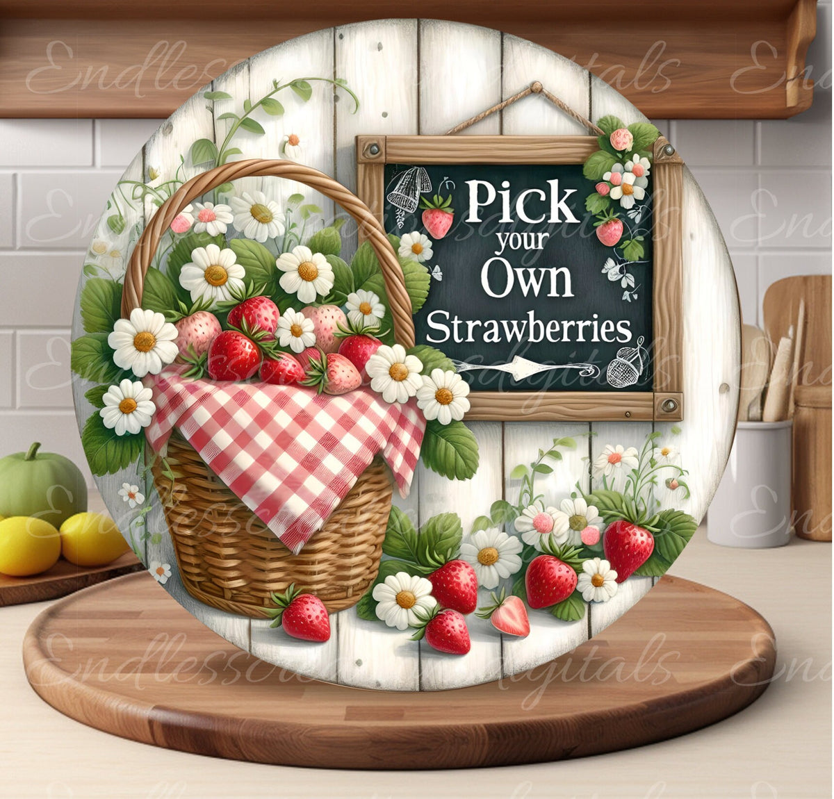 STRAWBERRY BASKET door hanger, wreath sign png, round cutting board for sublimation high resolution