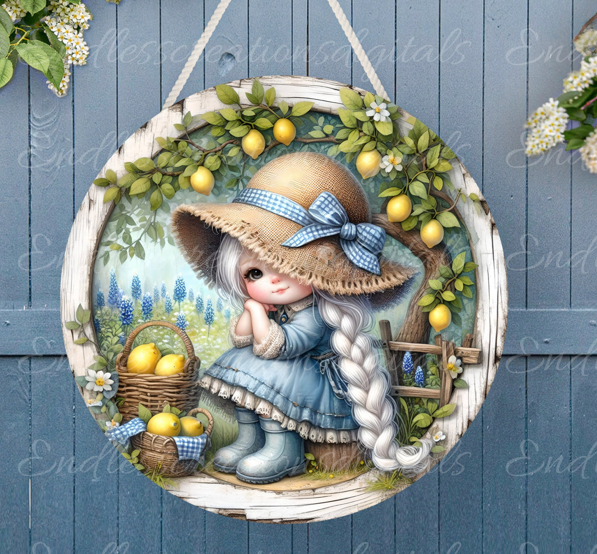 LEMON GIRL BASKET door hanger, wreath sign png, round cutting board for sublimation high resolution