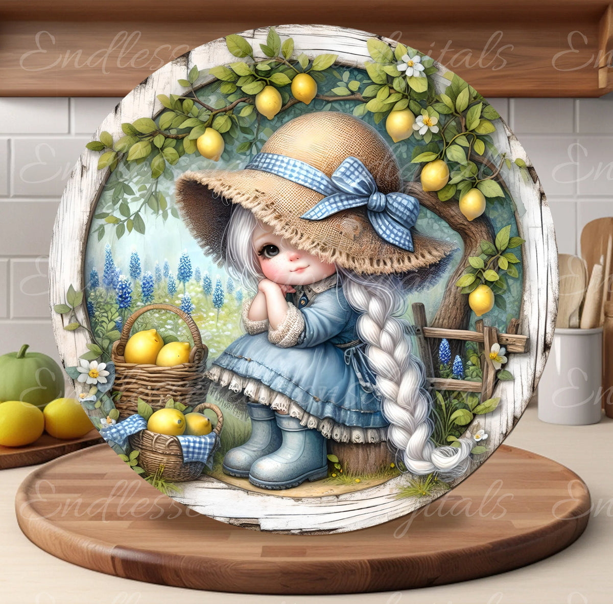 LEMON GIRL BASKET door hanger, wreath sign png, round cutting board for sublimation high resolution