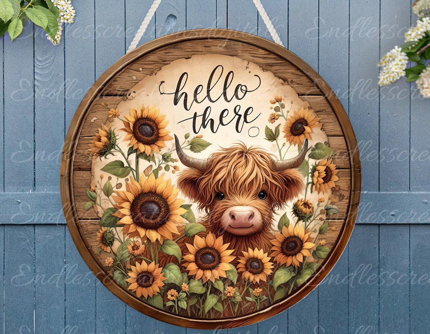 HIGHLAND COW DOOR hanger, wreath sign, round cutting board png, for sublimation high resolution,2 files for download, 1 add your own text