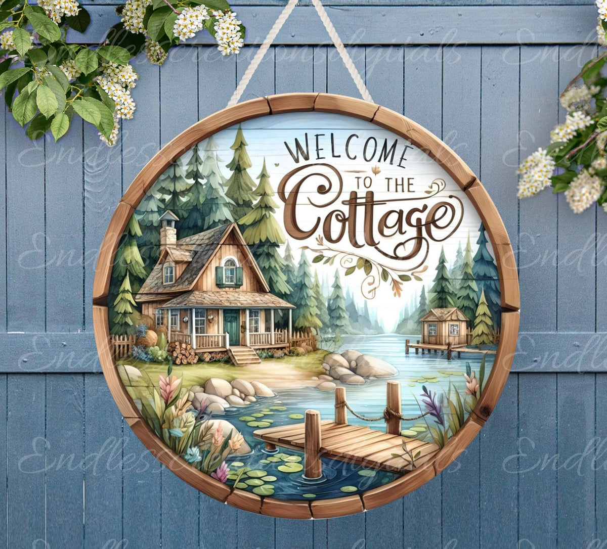 WELCOME TO COTTAGE door hanger, wreath sign png, for sublimation high resolution 2 files, 1 add your own text