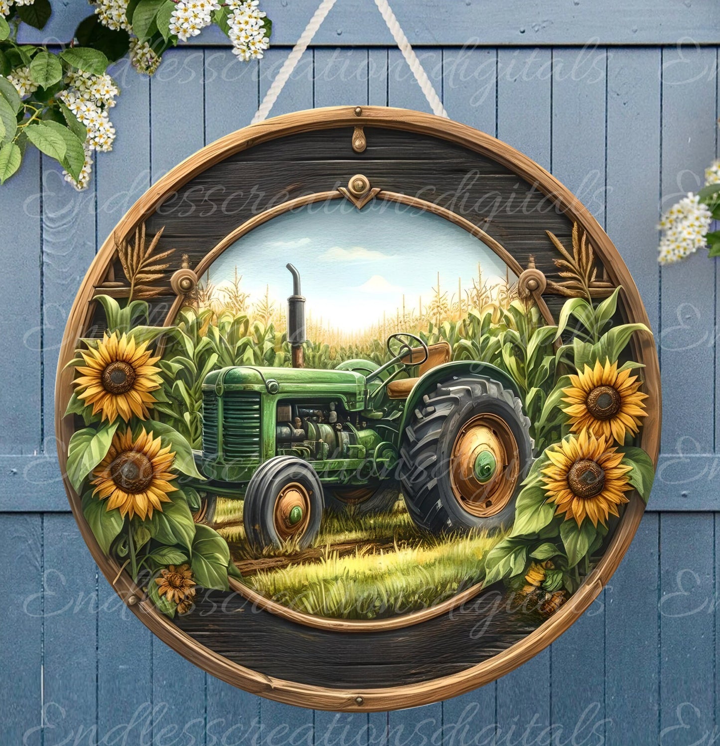 GREEN TRACTOR SUNFLOWER WELCOME DOOR HANGER, wreath sign png, for sublimation high resolution, 2 files for download, 1 add your own text!  DIGITAL DOWNLOAD ONLY