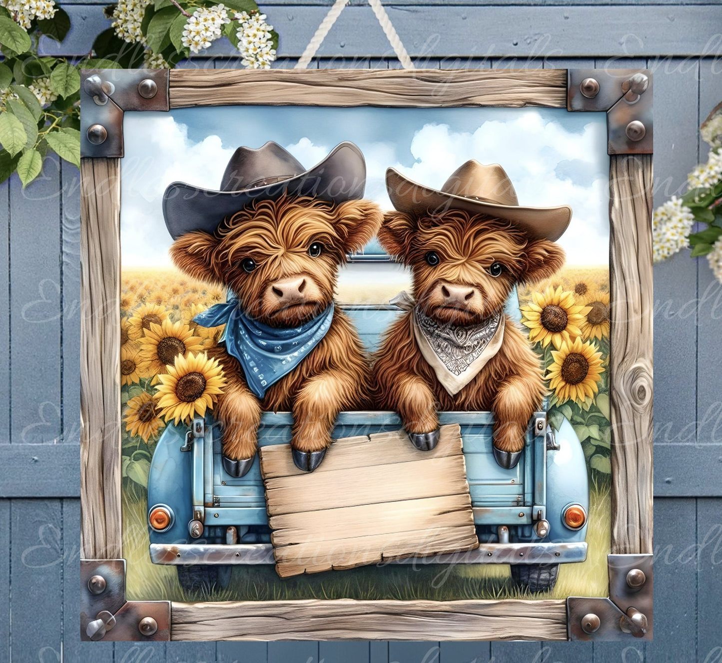 SQUARE HIGHLAND COW door hanger, wreath sign,  cutting board png, for sublimation high resolution,2 files for download, 1 add your own text