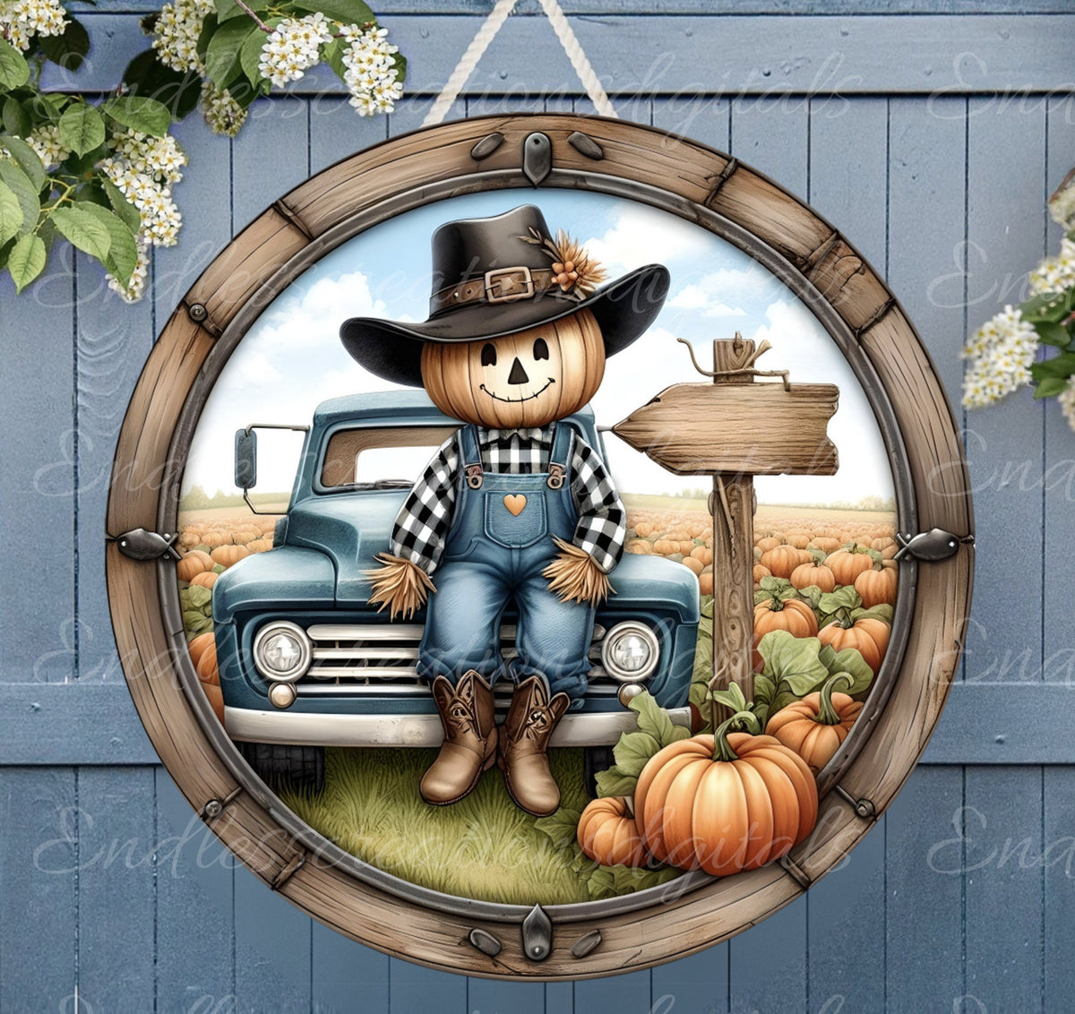 FALL SCARECROW TRUCK door hanger, wreath sign, cutting board png, for sublimation high resolution 2 files for download, 1 add your own text
