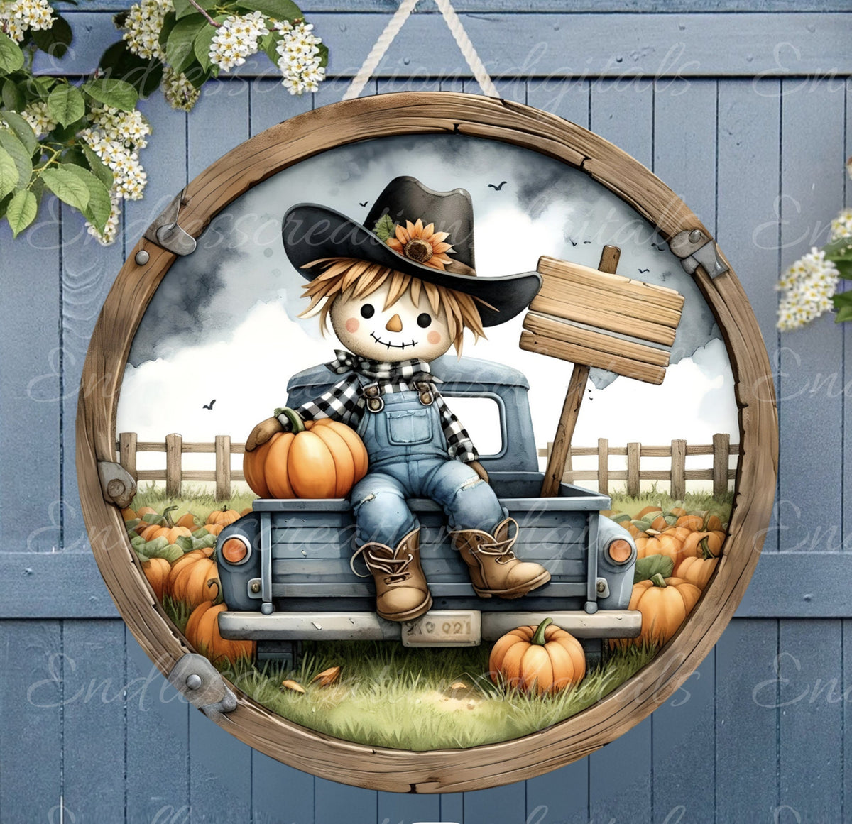 FALL SCARECROW TRUCK door hanger, wreath sign, cutting board png, for sublimation high resolution 2 files for download, 1 add your own text