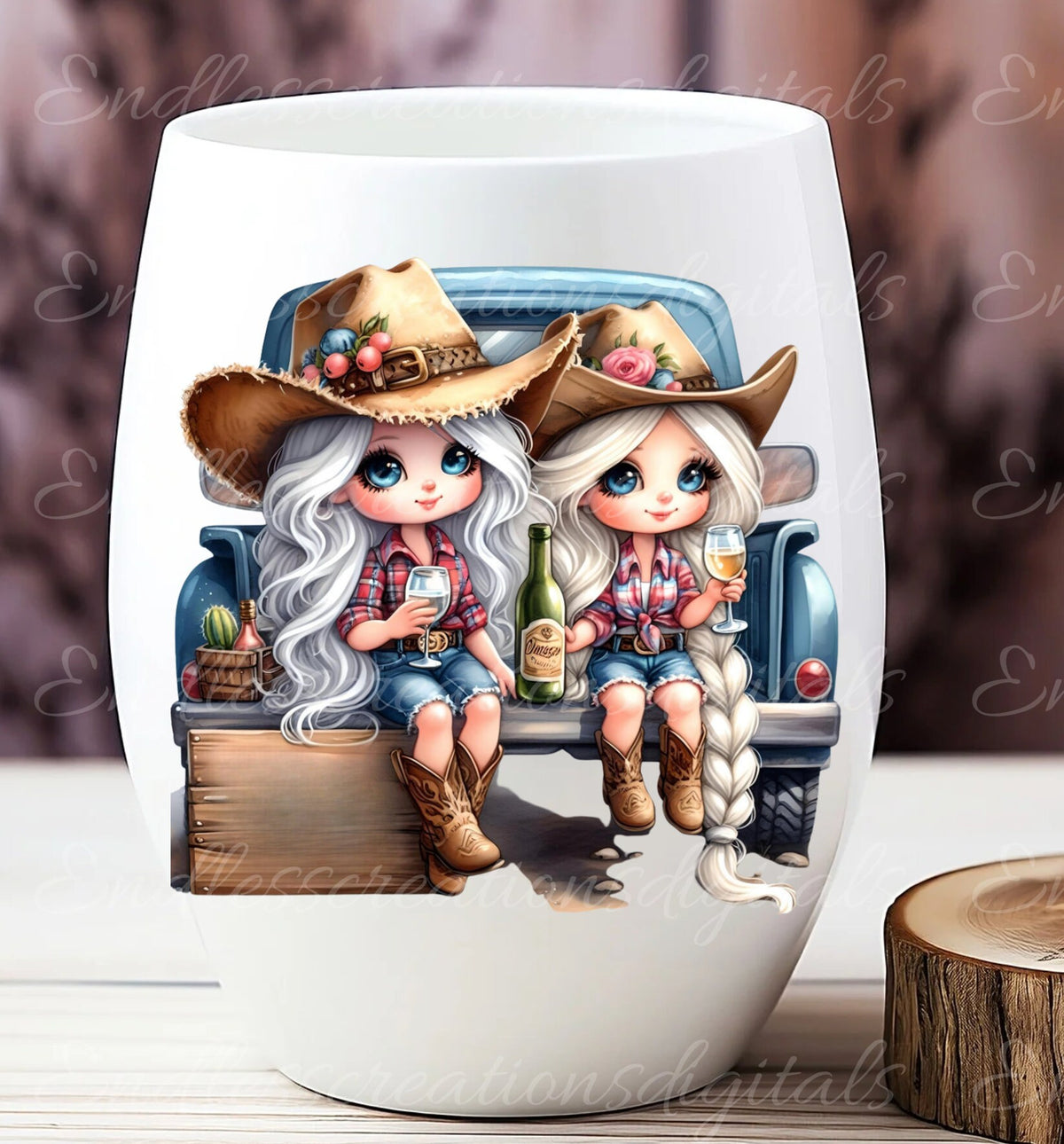 GIRLS BLUE TRUCK wine sublimation package  high definition 300png, transparent add your own text