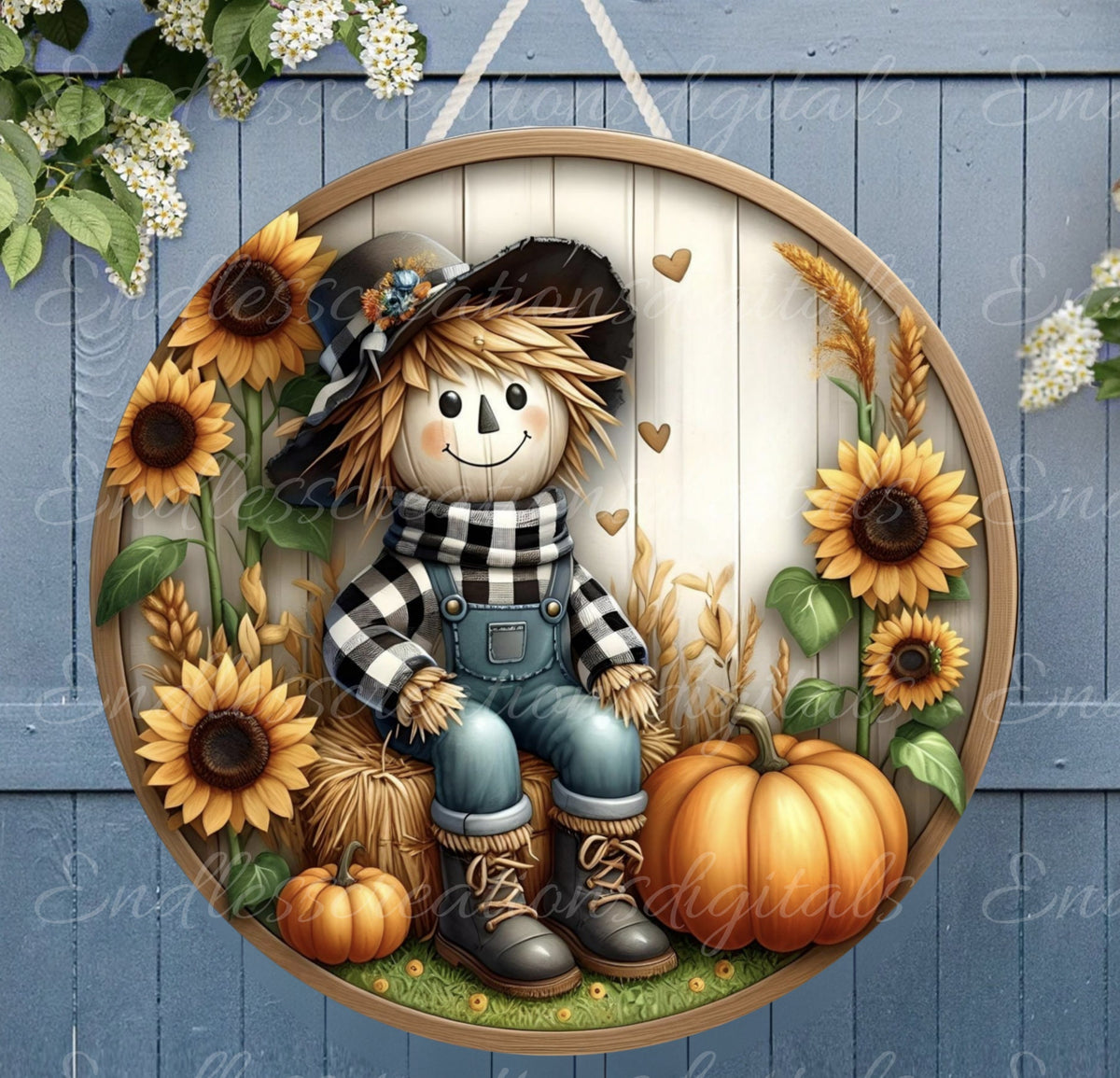 FALL SCARECROW DOOR hanger, wreath sign, round cutting board png, for sublimation high resolution 2 files for download, 1 add your own text