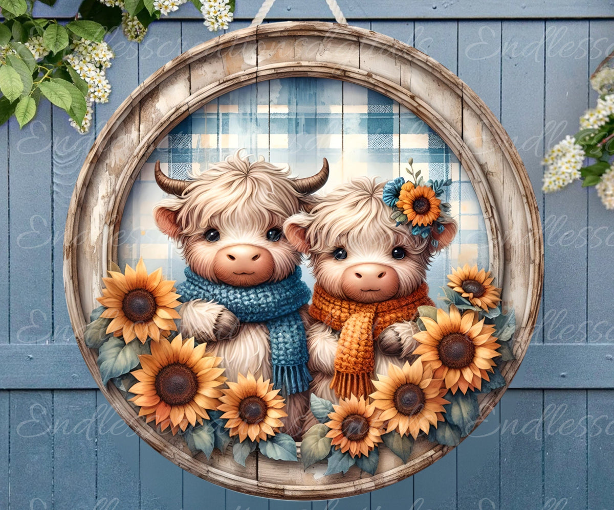 HIGHLAND COWS SUBLIMATION door hanger, wreath sign, round cutting board png, for sublimation high resolution