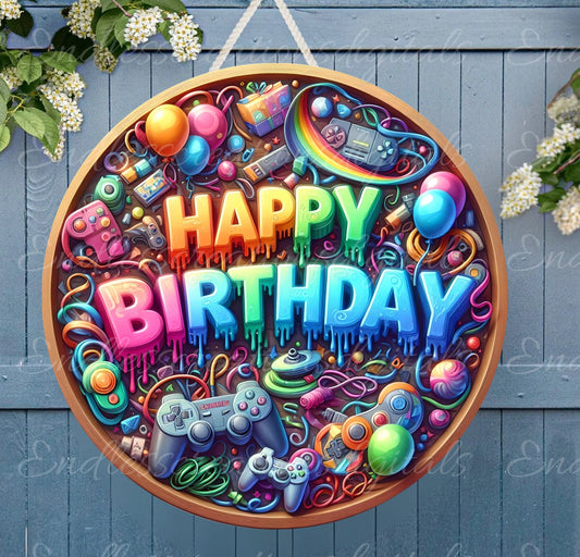 HAPPY BIRTHDAYSUBLIMATION door hanger, wreath sign, round Cake topper png, for sublimation high resolution