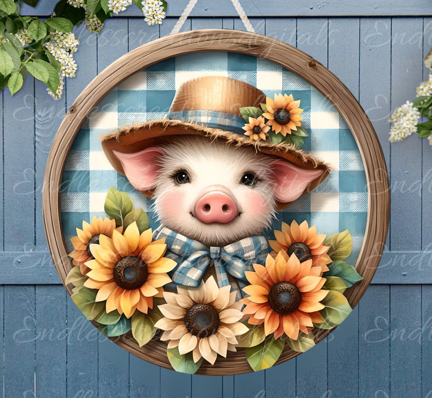 SUNFLOWER PIG SUBLIMATION door hanger, wreath sign, round cutting board png, for sublimation high resolution