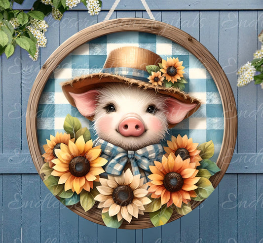SUNFLOWER PIG SUBLIMATION door hanger, wreath sign, round cutting board png, for sublimation high resolution