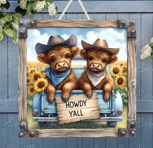 SQUARE HIGHLAND COW door hanger, wreath sign,  cutting board png, for sublimation high resolution,2 files for download, 1 add your own text