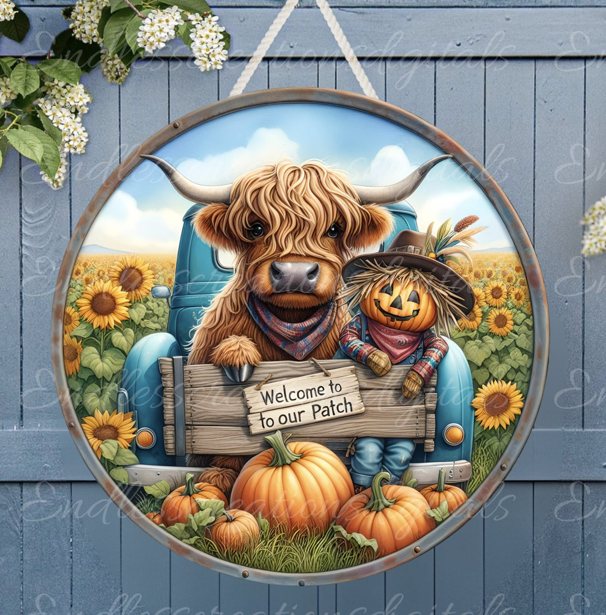 SCARECROW HIGHLAND COW FALL ROUND