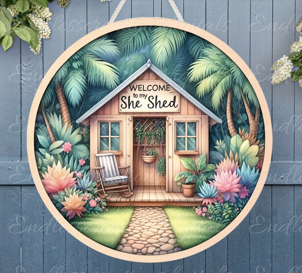 TROPICAL SHE SHED door hanger, wreath sign png, for sublimation high resolution