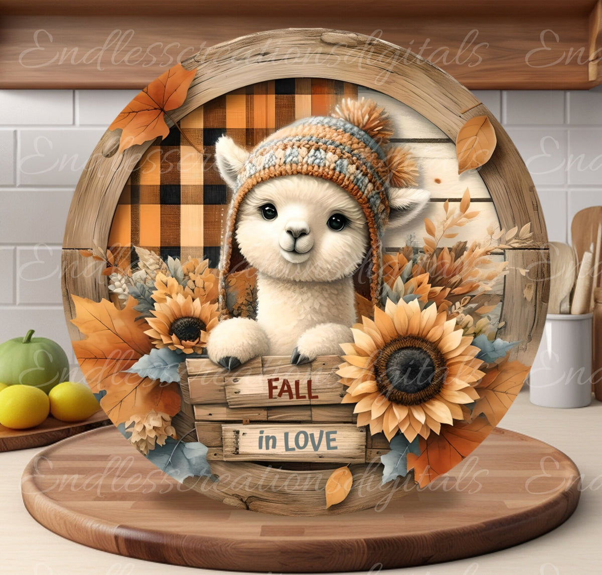 FALL ALPACA SUBLIMATION door hanger, wreath sign, round cutting board png, for sublimation high resolution