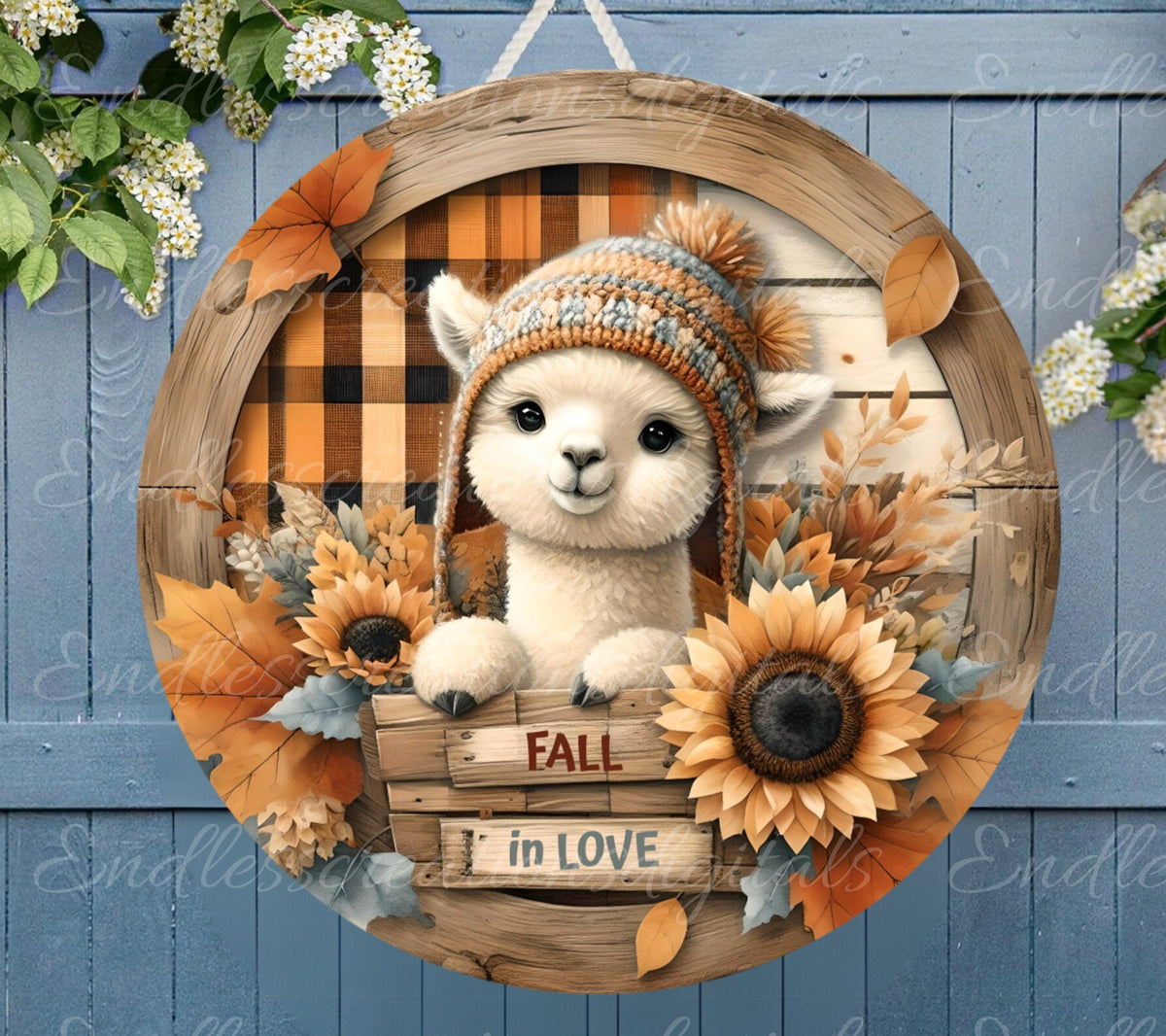 FALL ALPACA SUBLIMATION door hanger, wreath sign, round cutting board png, for sublimation high resolution