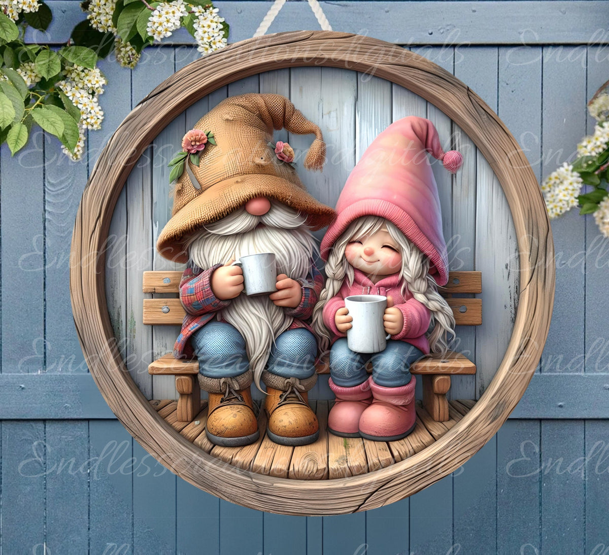 GNOME COUPLE DOOR hanger, wreath sign, for sublimation high resolution 2 files for download, 1 add your own text