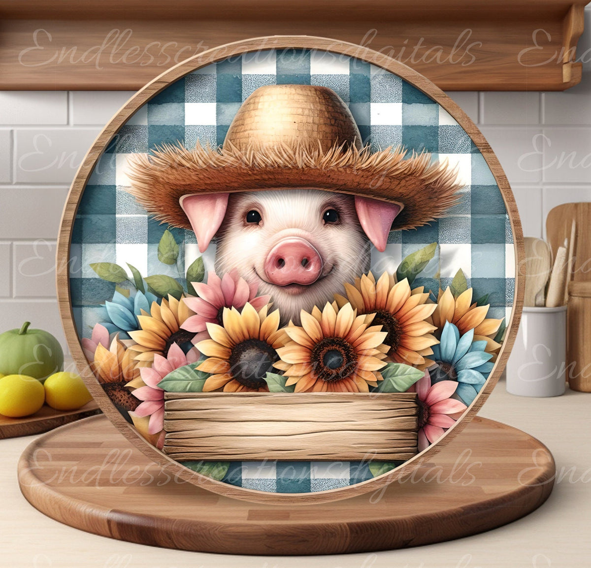 SUNFLOWER PIG SUBLIMATION door hanger, wreath sign, round cutting board png, for sublimation high resolution