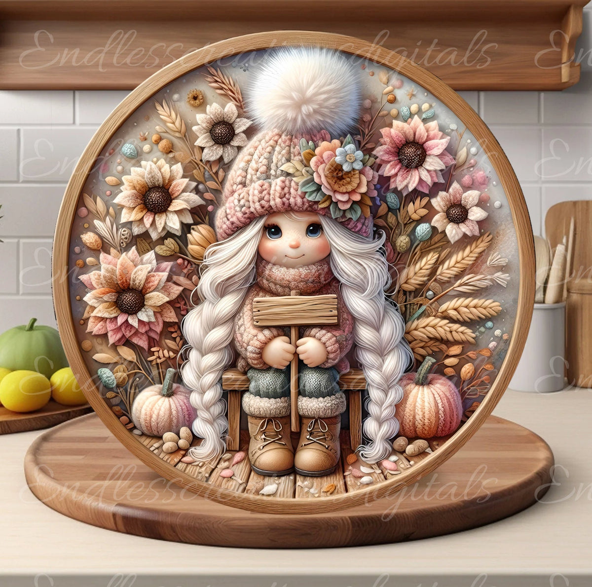 FALL GIRL GNOME door hanger, wreath sign, round cutting board png, for sublimation high resolution 2 files for download, 1 add your own text