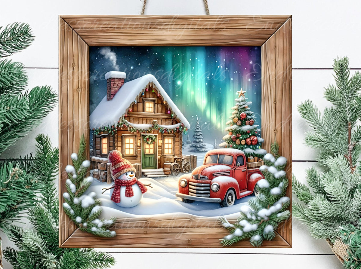 WINTER RED TRUCK SQUARE WITH WOOD FRAME