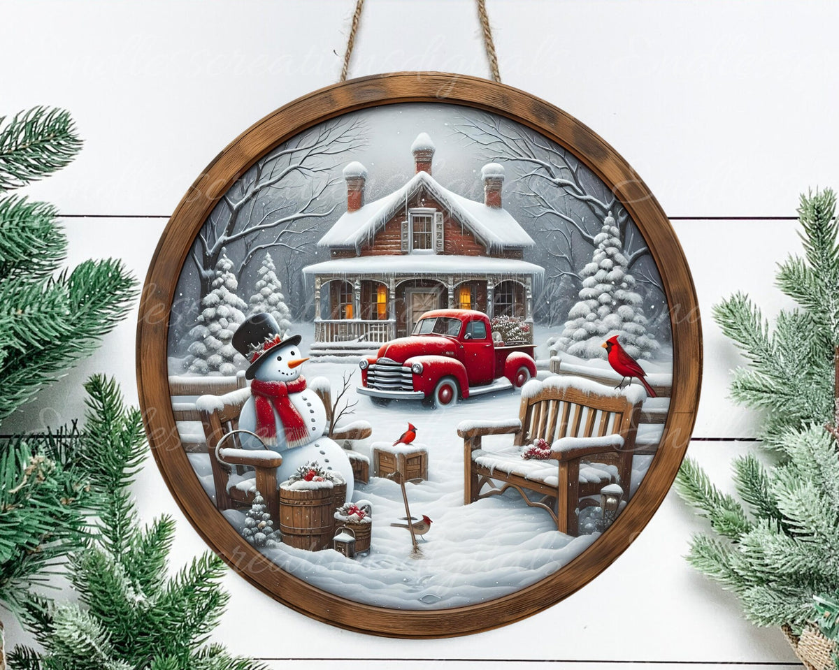 RED TRUCK CABIN door hanger, wreath sign, round cutting board, for sublimation high resolution 2 files for download 1 add your own text