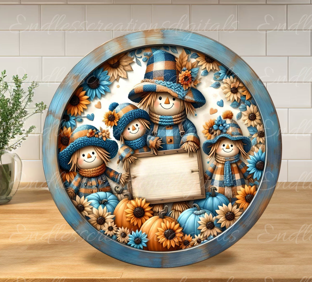 FALL SCARECROW FAMILY  Door hanger, wreath sign, round cutting board png, for sublimation high resolution 2 files, 1 add your own text