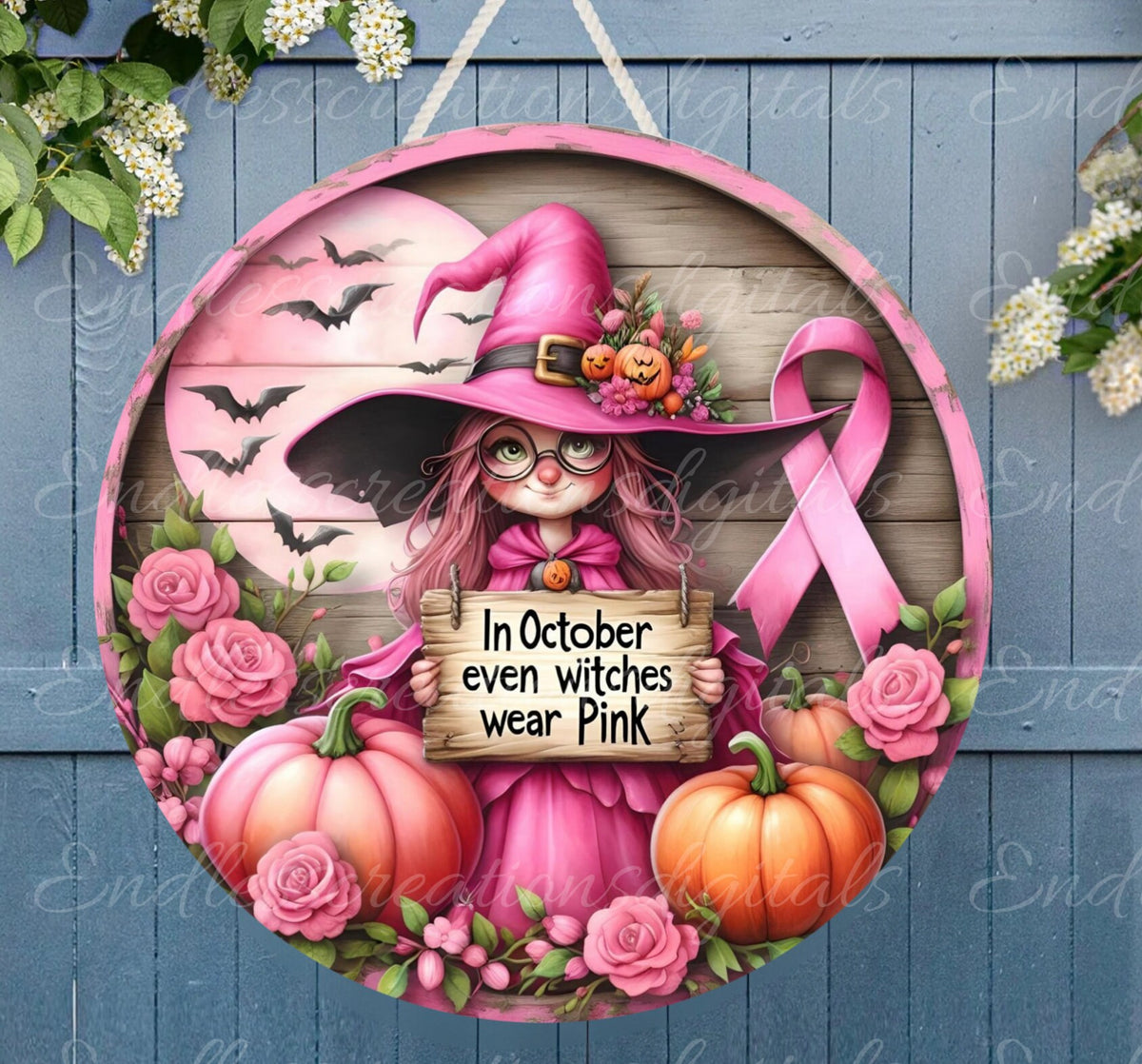 OCTOBER PINK WITCHES Door hanger, wreath sign, for sublimation high resolution 2 files, 1 add your own text