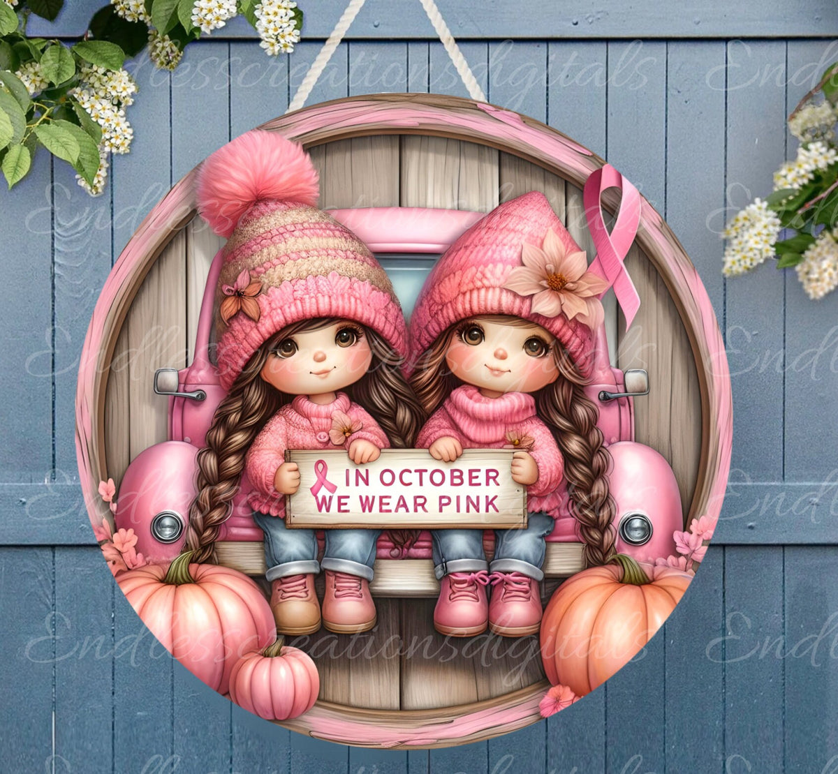 OCTOBER PINK GIRLS Door hanger, wreath sign, for sublimation high resolution 2 files, 1 add your own text