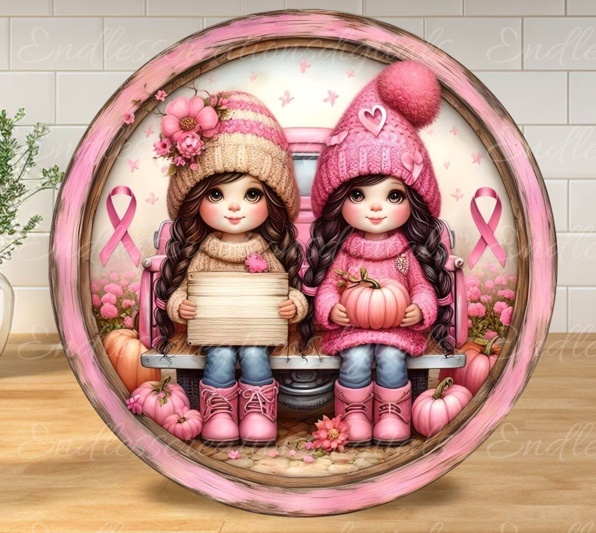 OCTOBER PINK GIRLS Door hanger, wreath sign, for sublimation high resolution 2 files, 1 add your own text