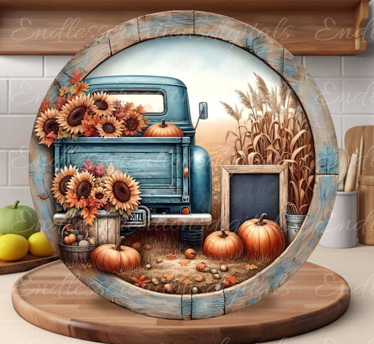 FALL BLUE TRUCK   Door hanger, wreath sign, round cutting board png, for sublimation high resolution 2 files, 1 add your own text