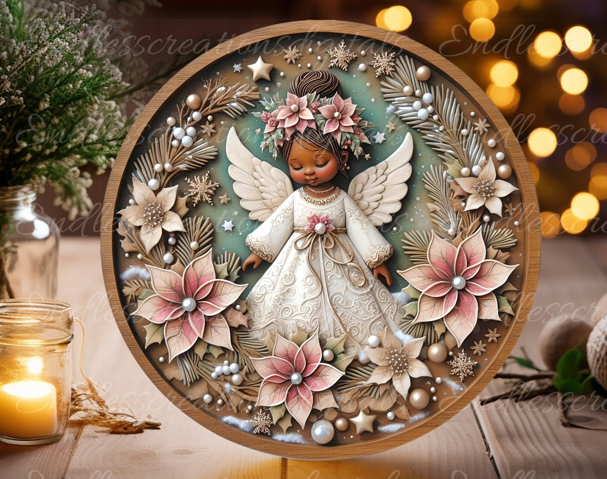 AFRICAN AMERICAN ANGEL  round door hanger, wreath sign, round cutting board, coasters etc. png, sublimation high resolution, can be resized