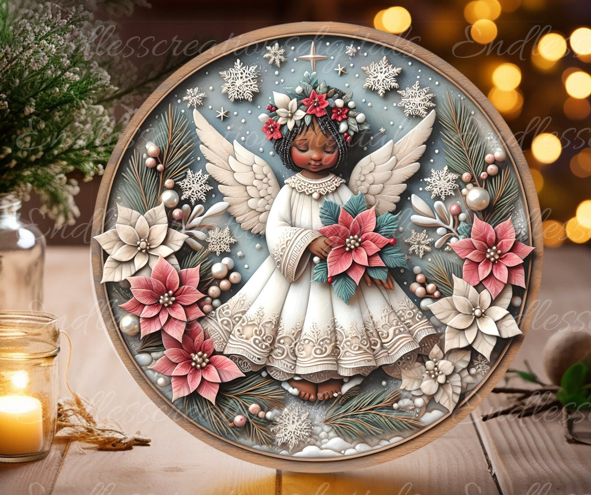 AFRICAN AMERICAN ANGEL  round door hanger, wreath sign, round cutting board, coasters etc. png, sublimation high resolution, can be resized