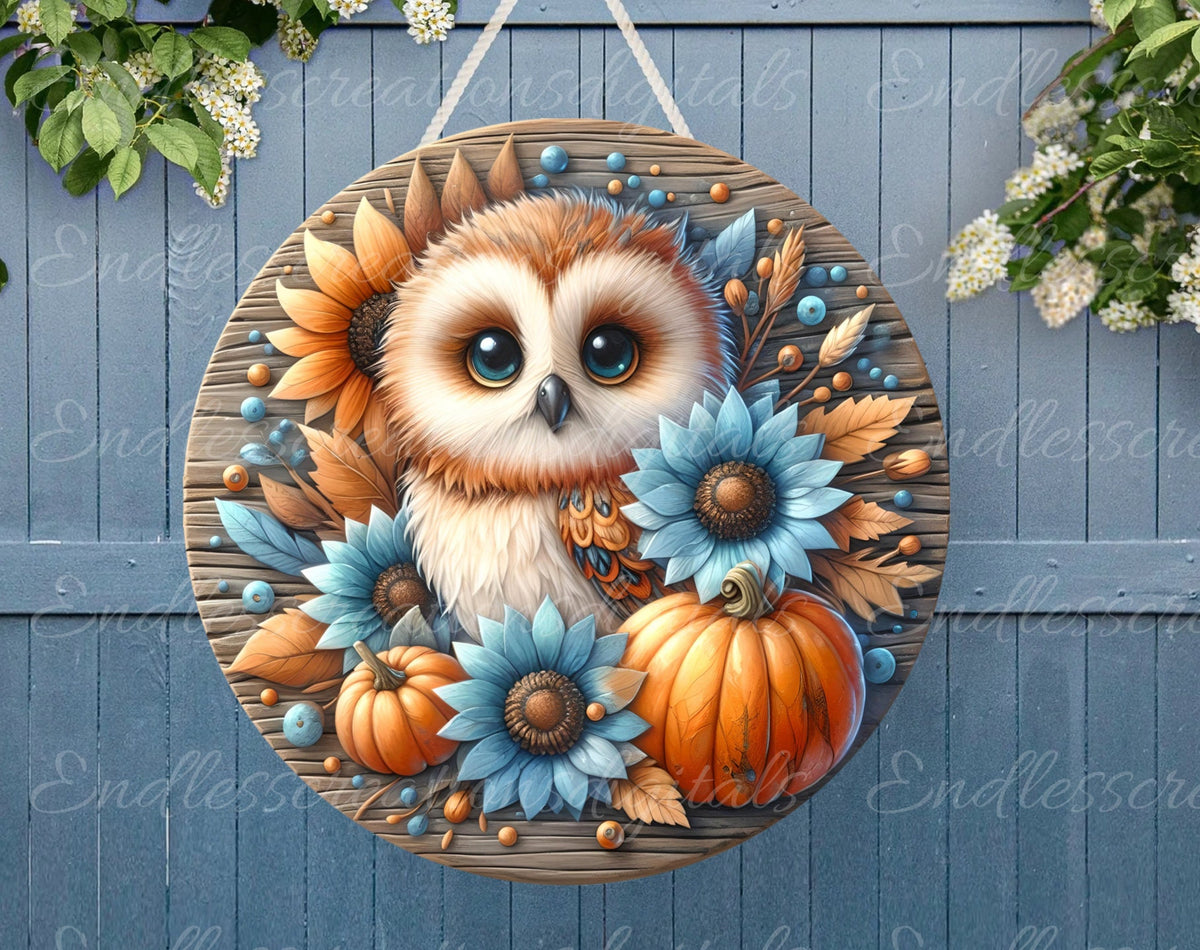 FALL OWL ROUND door hanger, wreath sign, round cutting board, coasters etc. sublimation high resolution
