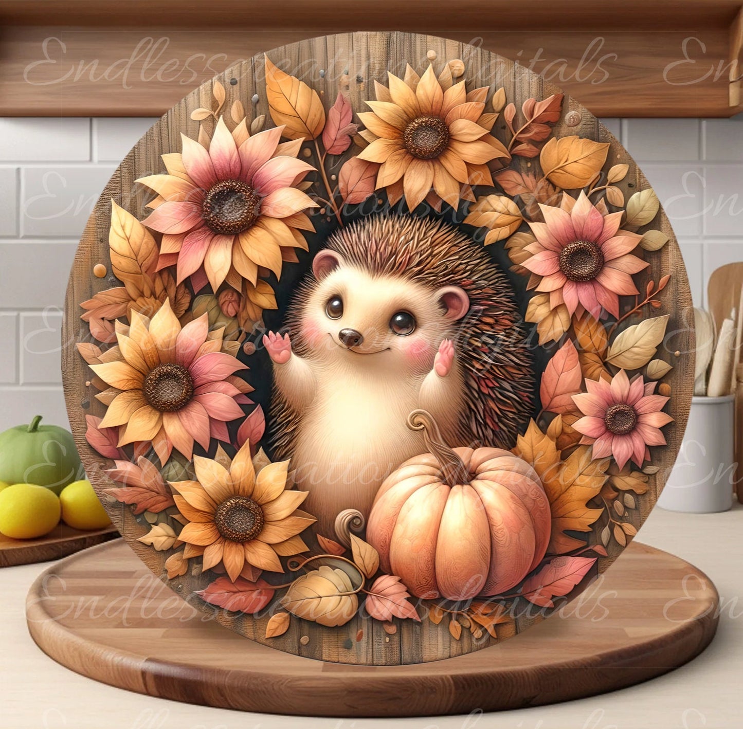 FALL HEDGEHOG ROUND door hanger, wreath sign, round cutting board, coasters etc. sublimation high resolution