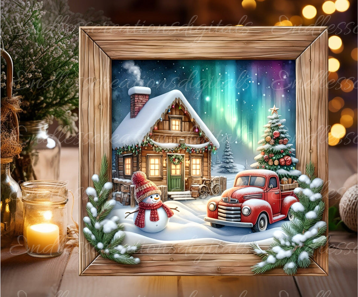 WINTER RED TRUCK SQUARE WITH WOOD FRAME