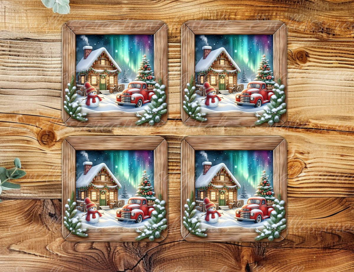WINTER RED TRUCK SQUARE WITH WOOD FRAME