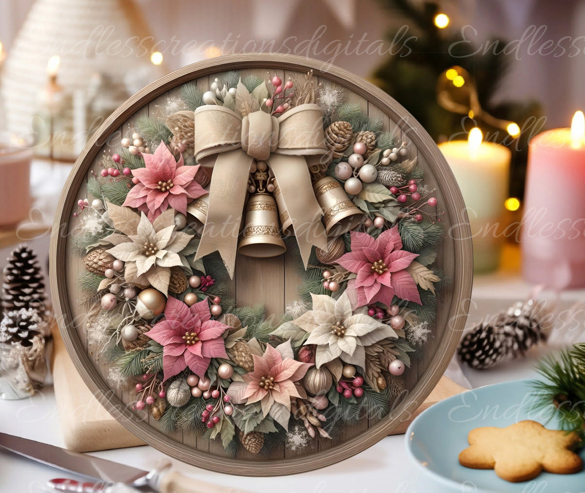 FRAMED PINK WREATH WINTER ROUND