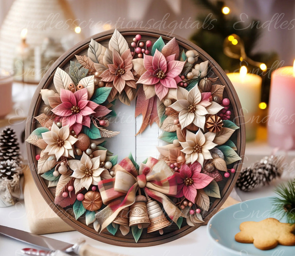 FRAMED PINK WREATH WINTER ROUND