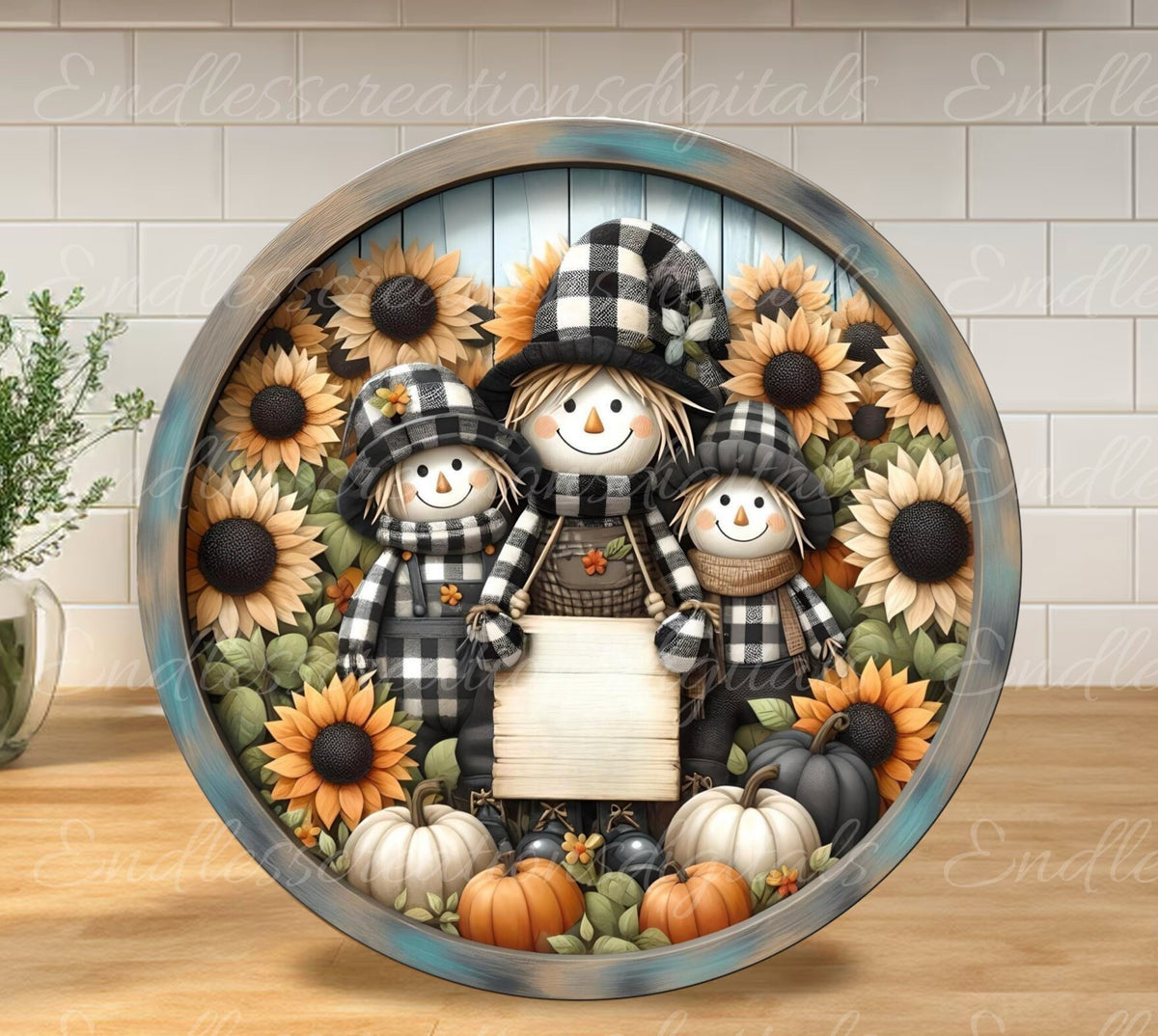 FALL SCARECROW FAMILY  Door hanger, wreath sign, round cutting board png, for sublimation high resolution 2 files, 1 add your own text