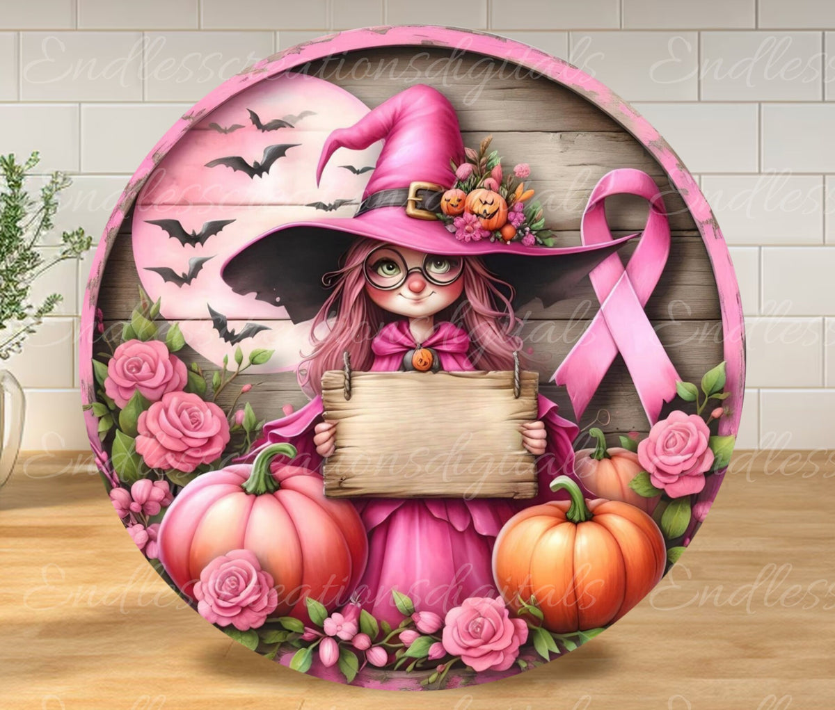 OCTOBER PINK WITCHES Door hanger, wreath sign, for sublimation high resolution 2 files, 1 add your own text