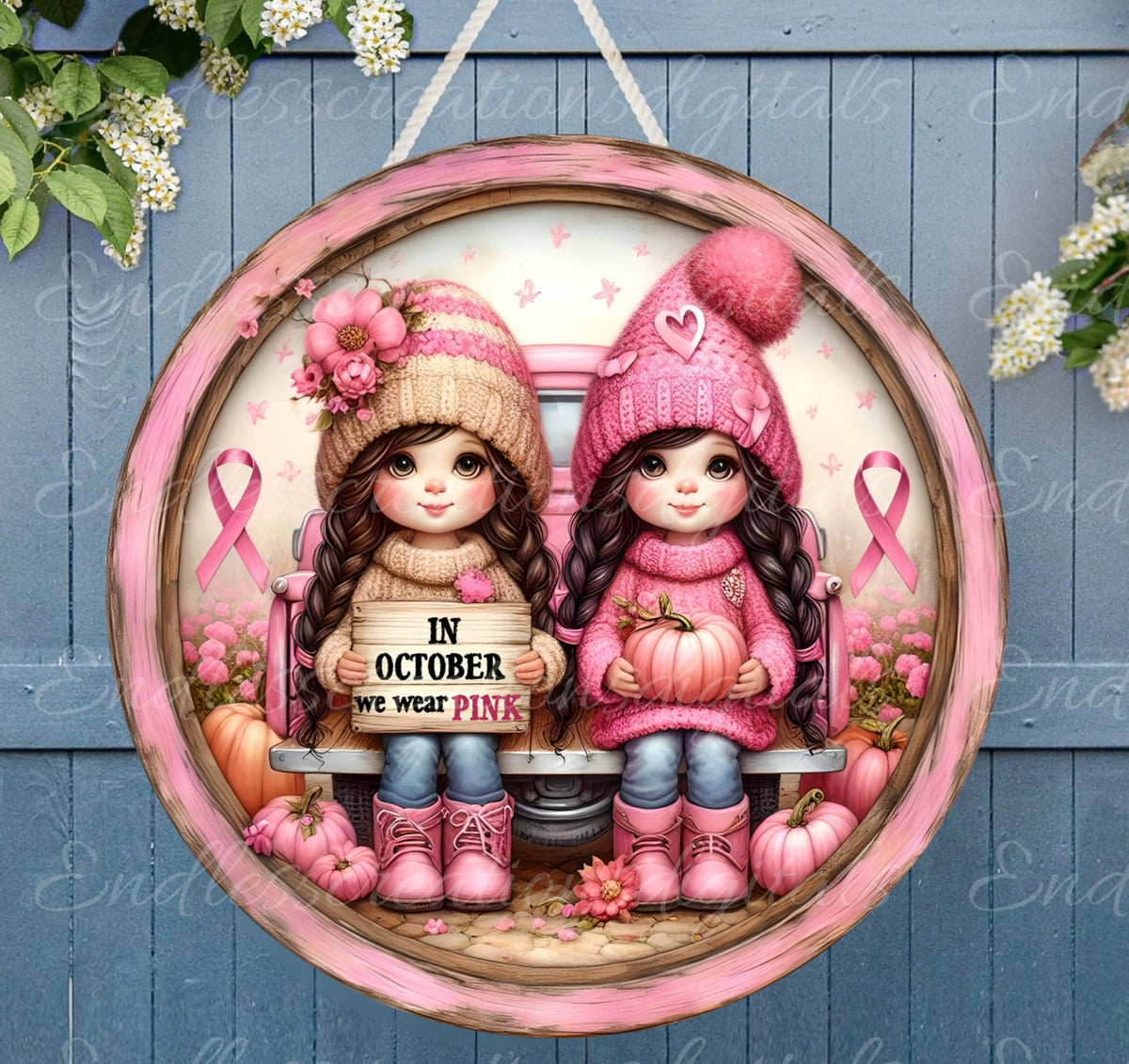 OCTOBER PINK GIRLS Door hanger, wreath sign, for sublimation high resolution 2 files, 1 add your own text