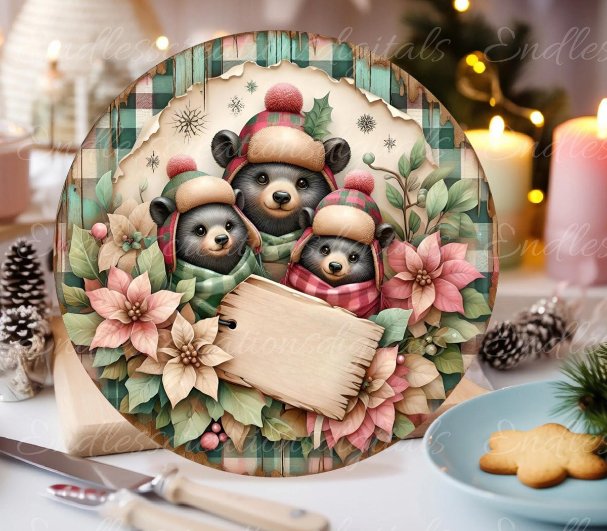 WINTER PLAID BEARS ROUND/ORNAMENT
