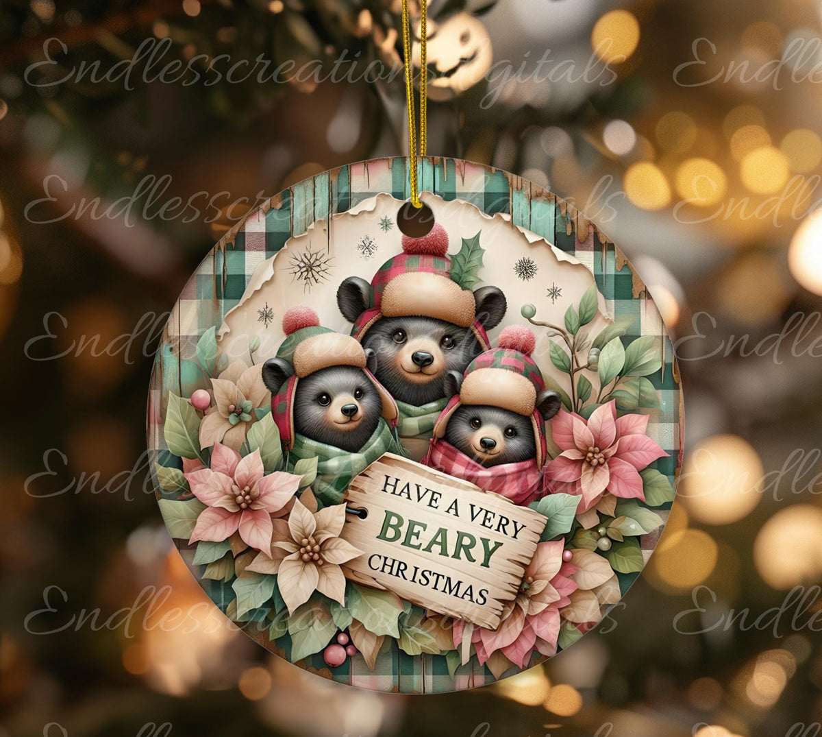 WINTER PLAID BEARS ROUND/ORNAMENT